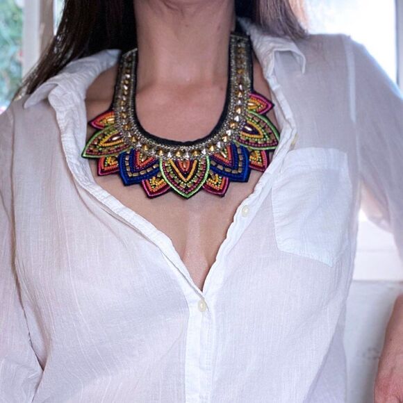 Fuschia Sunset Queen Huichol Statement Necklace - Picture 1 of 4